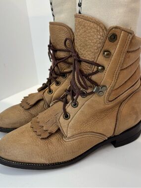 Justin Vintage Tan Leather Lace Up Kiltie Roper Boots L448 Womens Size 7.5